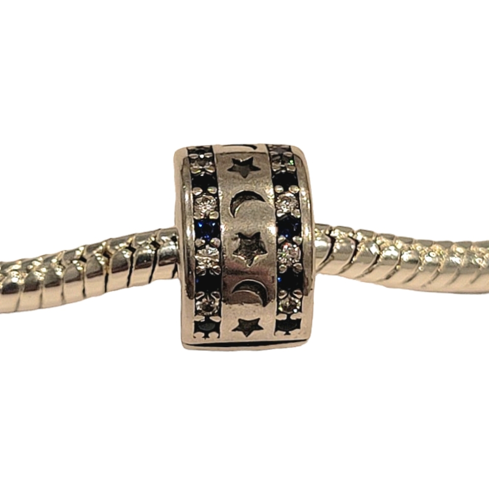 🎆Moon Stars Silver w/ Crystal & Blue Rhinestones Euro Bracelet Connector Charm - Picture 2 of 4